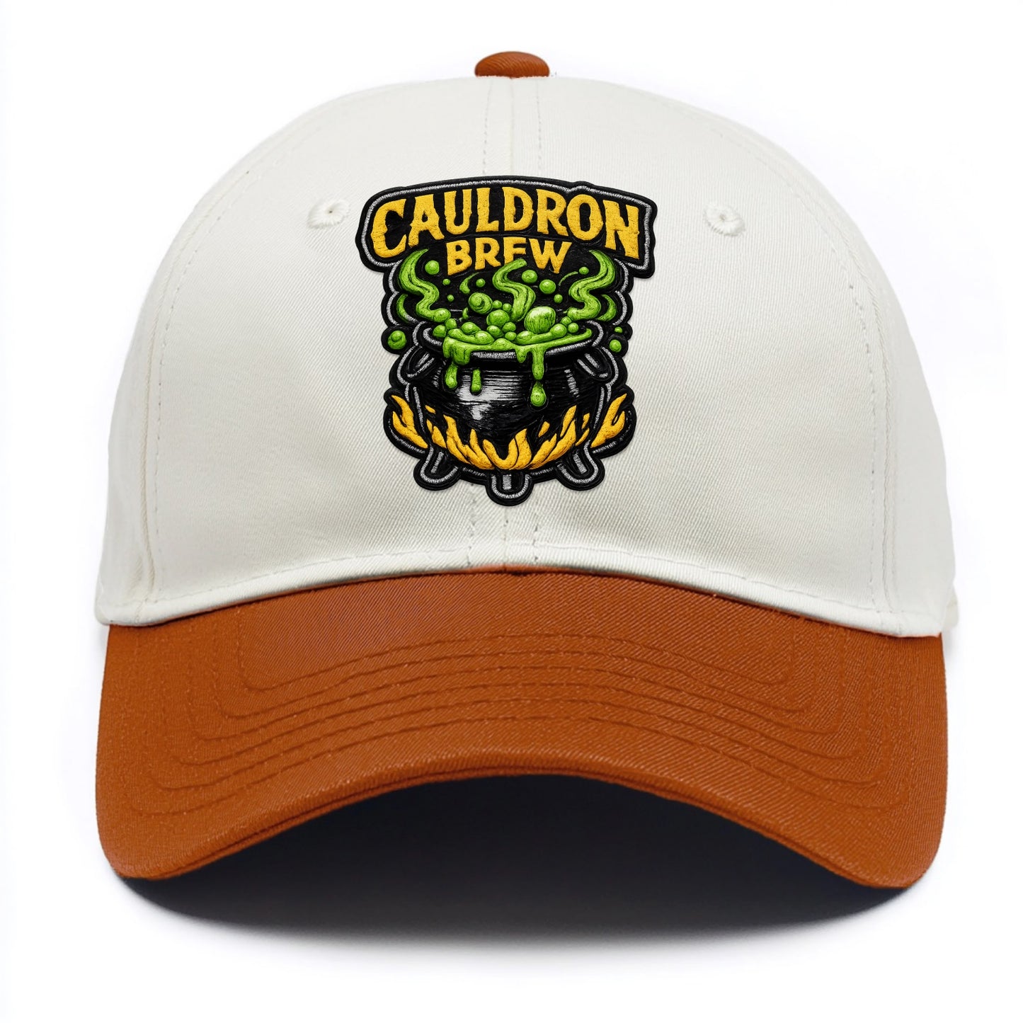 CAULDRON BREW - bubbling pot in black and green , witch craft - Two Tone Cap - Orange