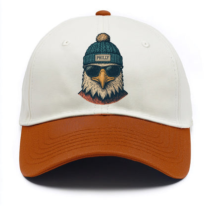 Philadelphia Eagle wearing Philly beanie with pom pom and wayfarer sunglasses - Two Tone Cap - Orange