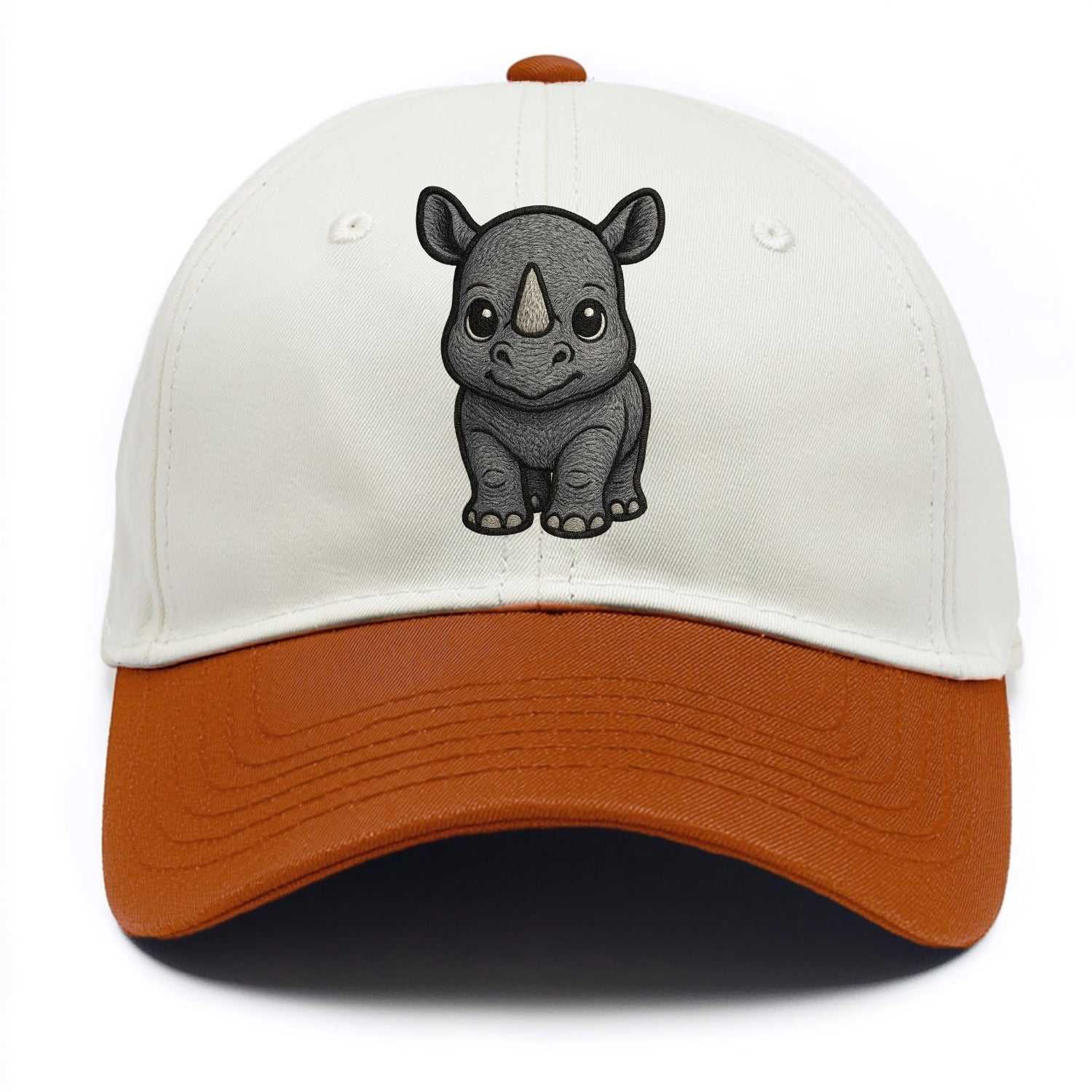 Baby Rhino - gray armor skin, tiny horn nub, round eyes, front-facing, tank baby - Two Tone Cap - Orange