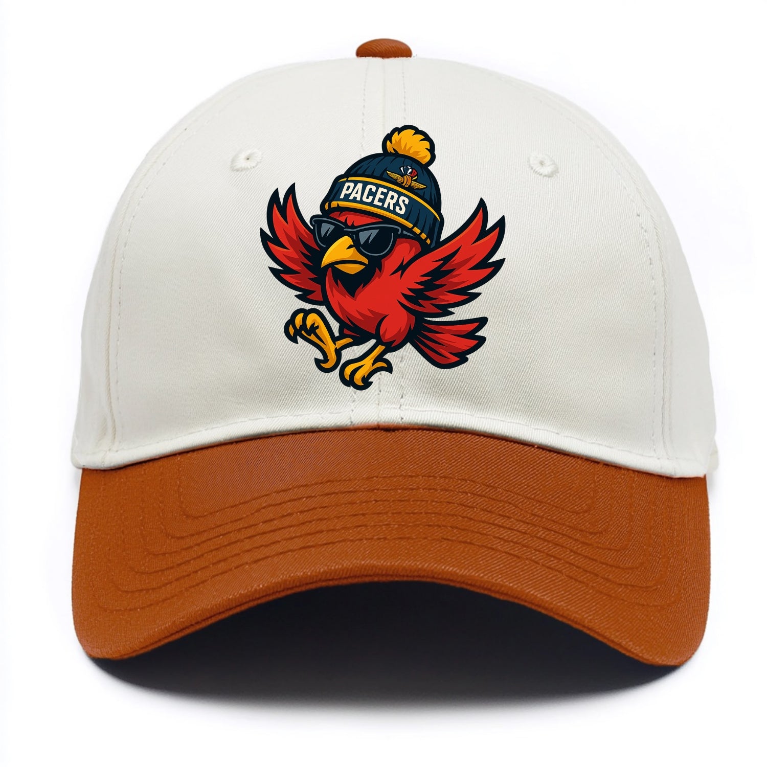 Indiana Cardinal wearing Pacers beanie with speedway patch and wayfarer sunglasses - Two Tone Cap - Orange