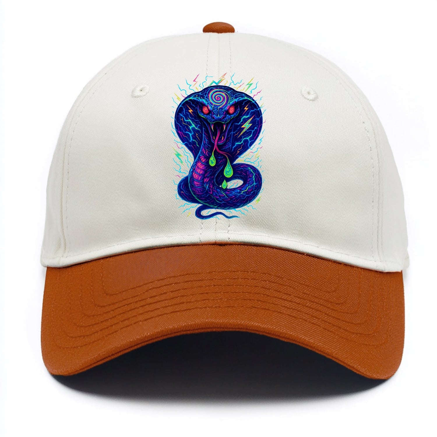 Mesmerizing cobra with hypnotic spiral patterns in the hood, scales that shimmer - Two Tone Cap - Orange