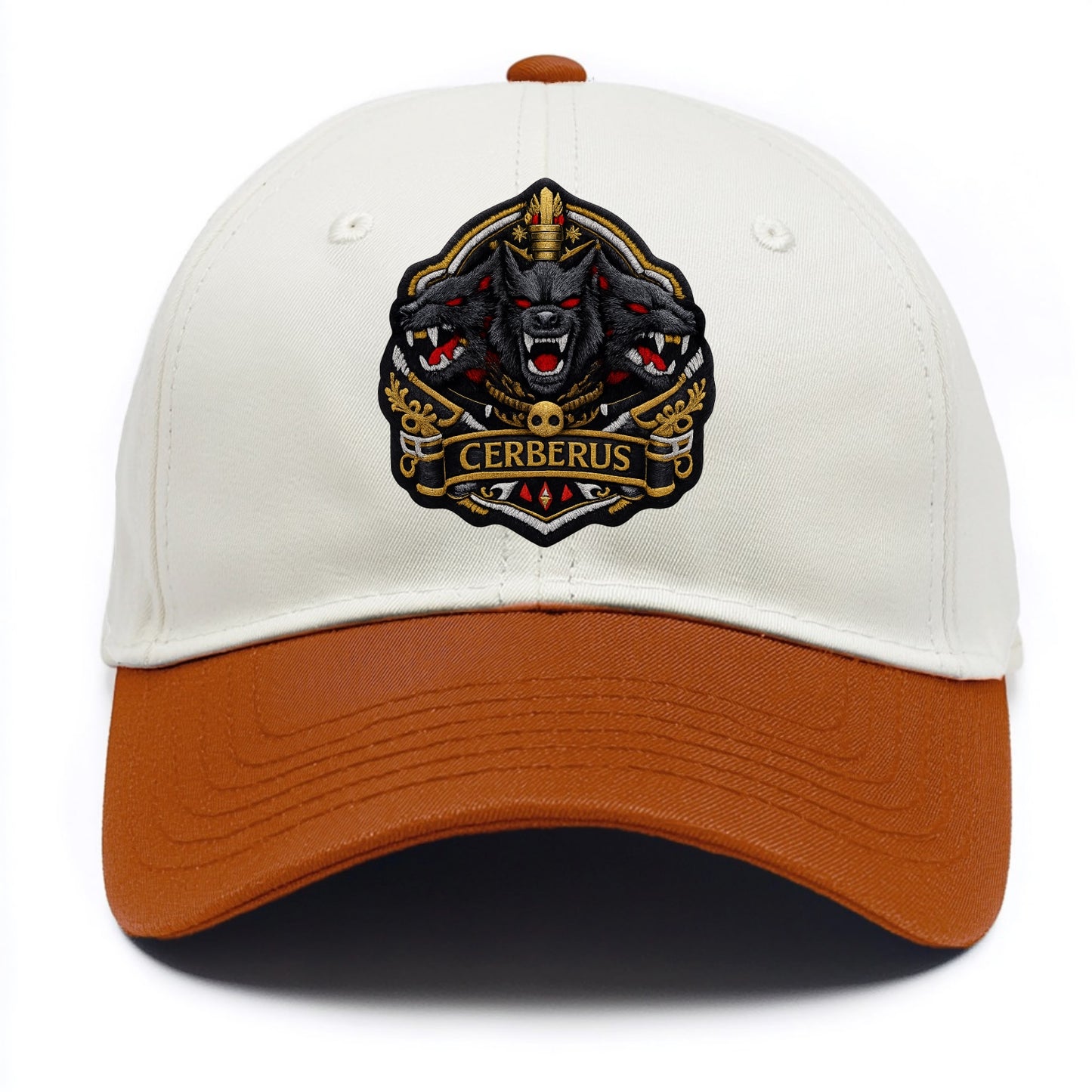 CERBERUS THREE HEADS - triple hound in black and red , underworld - Two Tone Cap - Orange