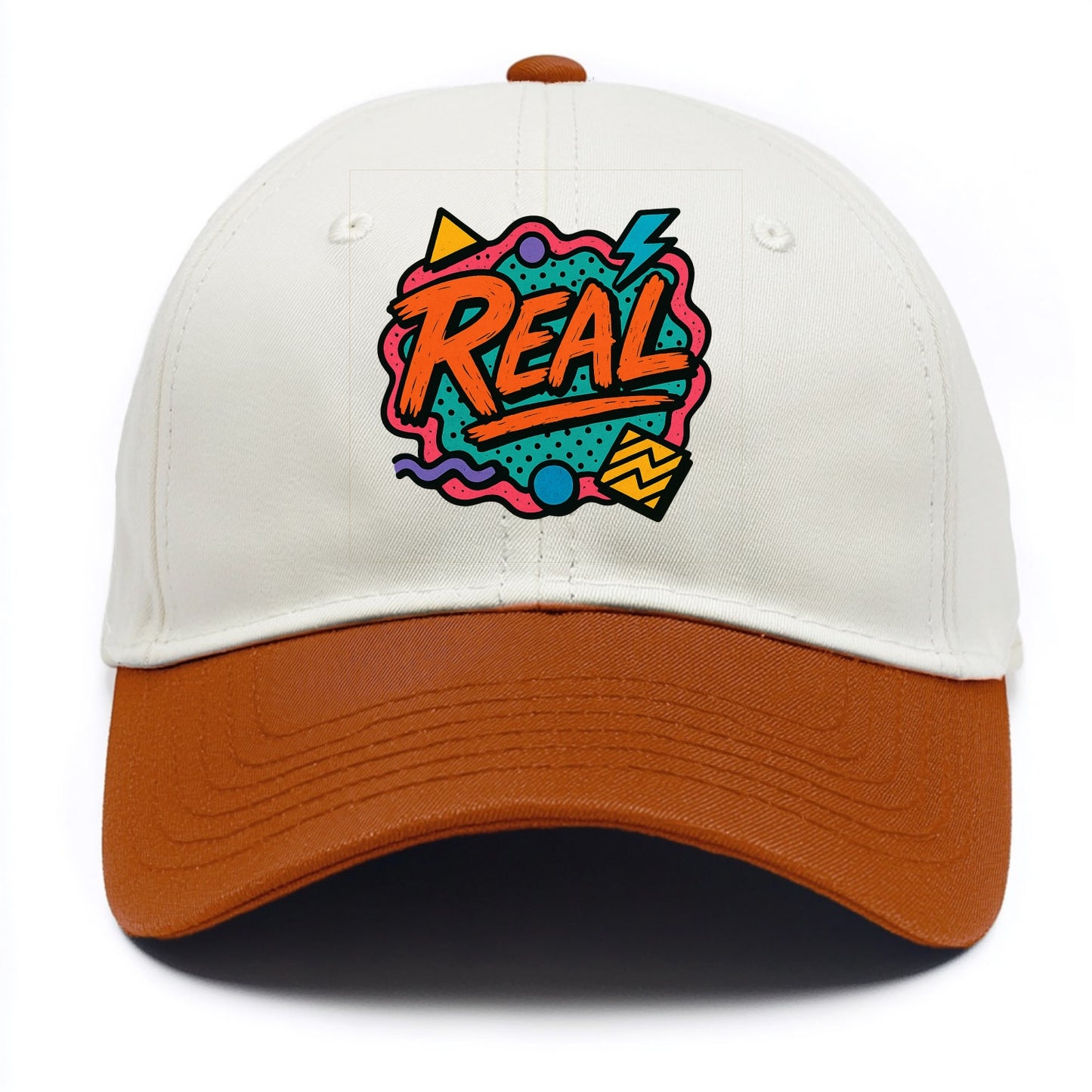 Imperfect brush strokes spelling "Real" - authenticity over perfection, raw and - Two Tone Cap - Orange