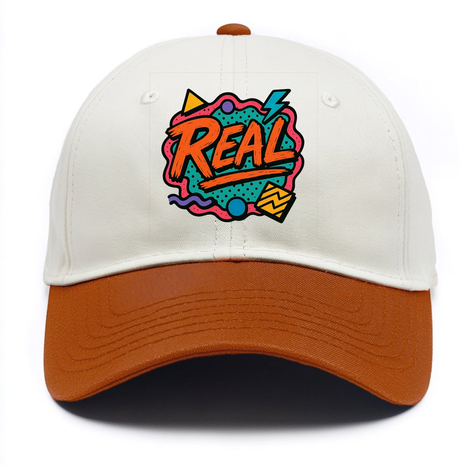 Imperfect brush strokes spelling "Real" - authenticity over perfection, raw and - Two Tone Cap - Orange