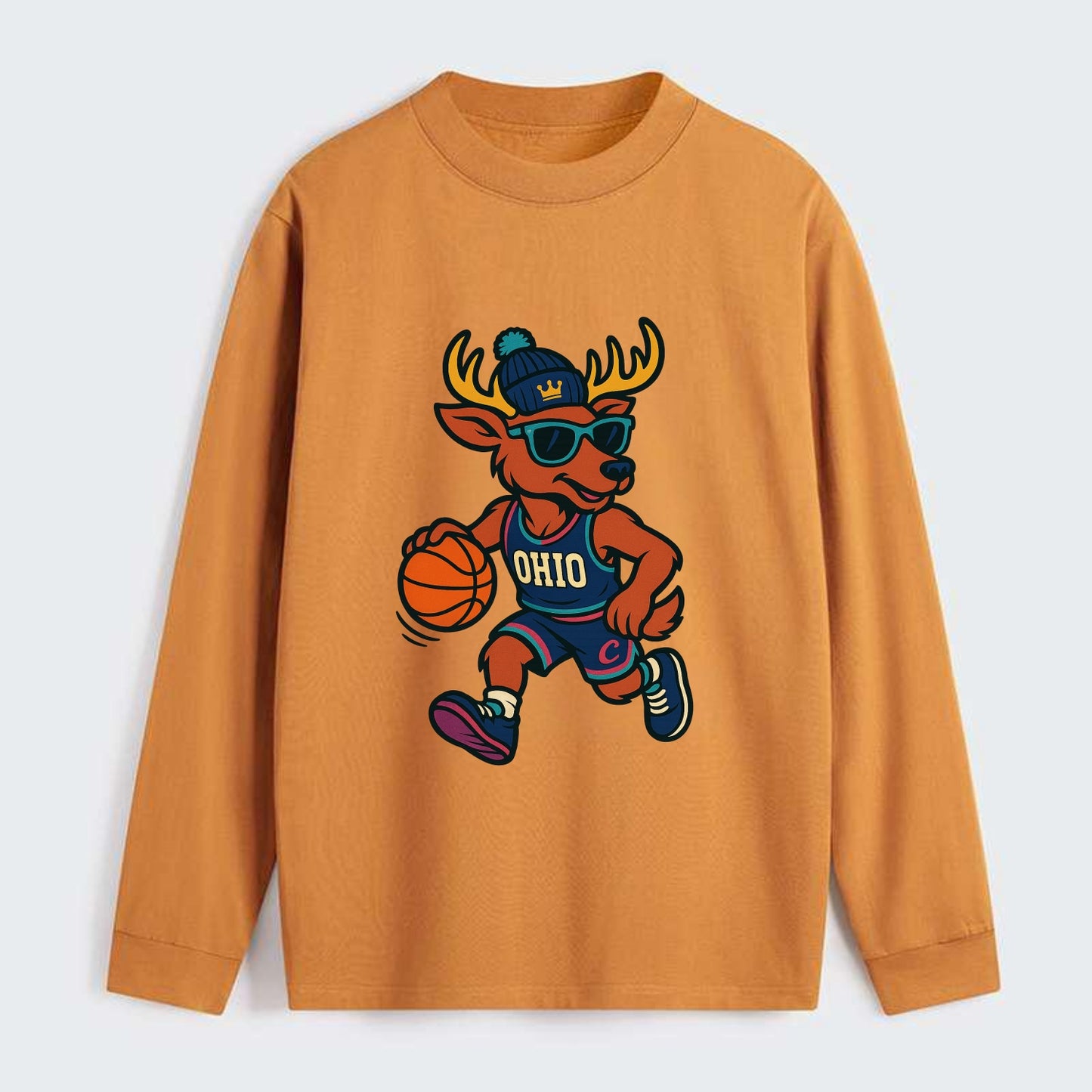Ohio Deer wearing Cavs beanie with crown patch and wayfarer sunglasses - Classic Long Sleeve Shirt - Orange