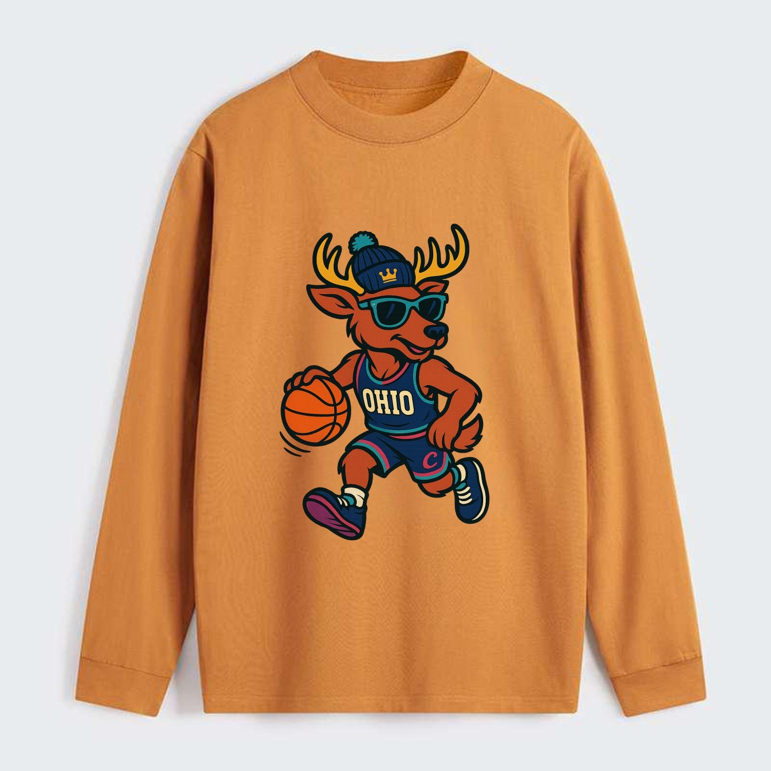 Ohio Deer wearing Cavs beanie with crown patch and wayfarer sunglasses - Classic Long Sleeve Shirt - Orange