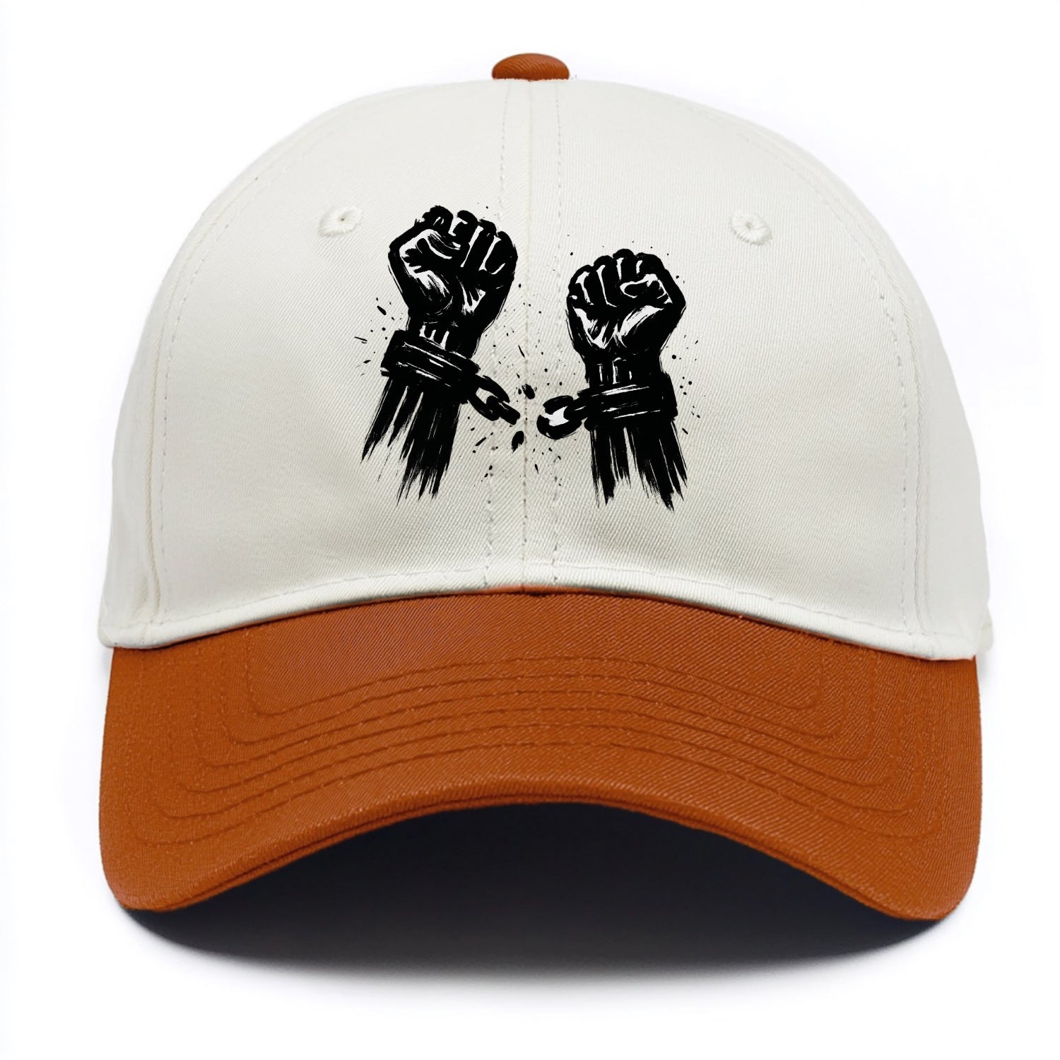 Two raised fists breaking chains - liberation and freedom ink painting - Two Tone Cap - Orange