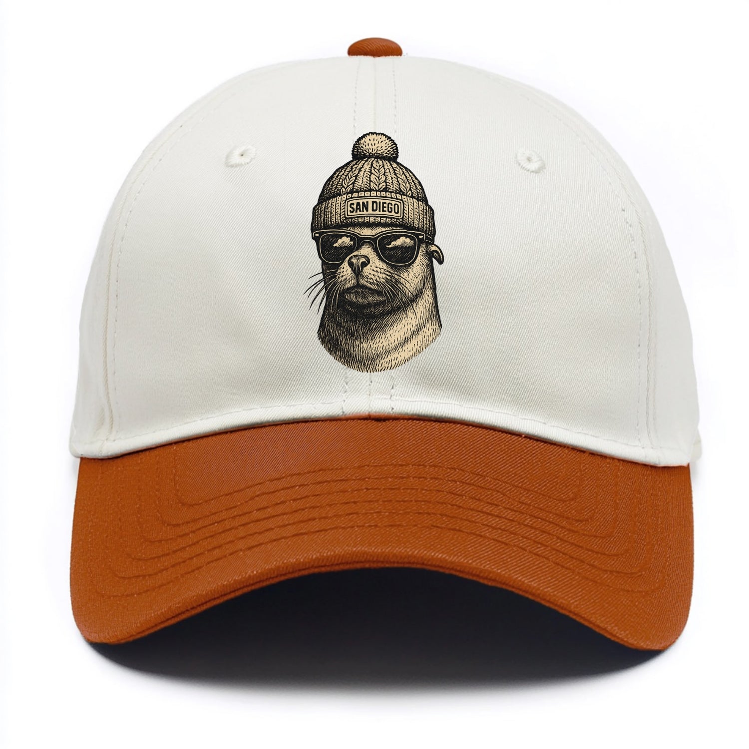 San Diego Sea Lion wearing San Diego beanie with pom pom and wayfarer sunglasses - Two Tone Cap - Orange