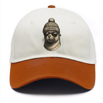 San Diego Sea Lion wearing San Diego beanie with pom pom and wayfarer sunglasses - Two Tone Cap - Orange