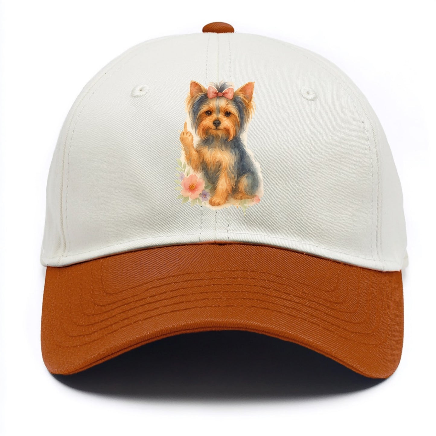 Yorkshire Terrier with topknot bow, one delicate paw flipping off - Two Tone Cap - Orange