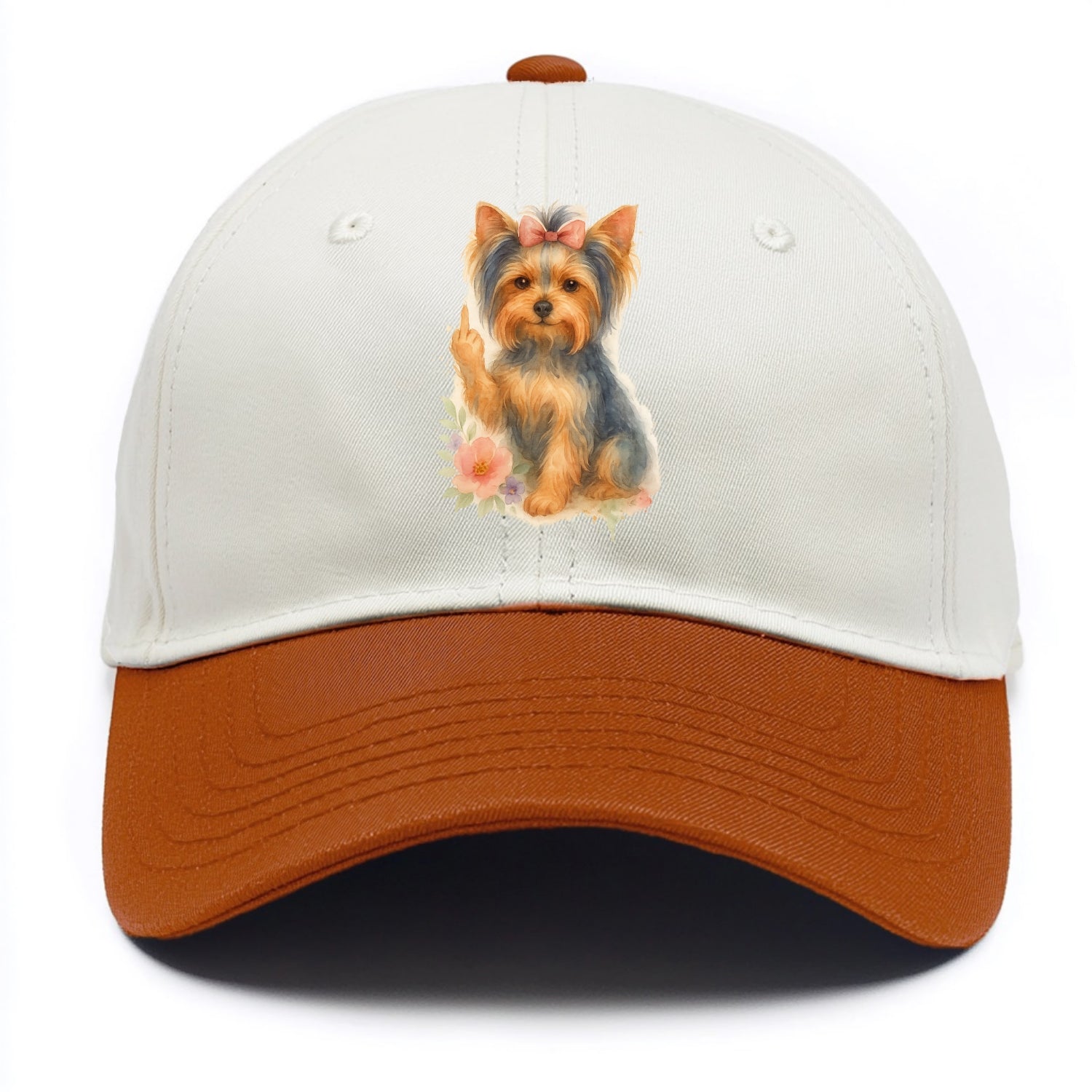 Yorkshire Terrier with topknot bow, one delicate paw flipping off - Two Tone Cap - Orange