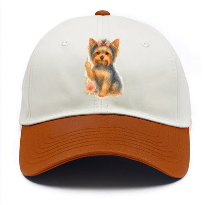 Yorkshire Terrier with topknot bow, one delicate paw flipping off - Two Tone Cap - Orange