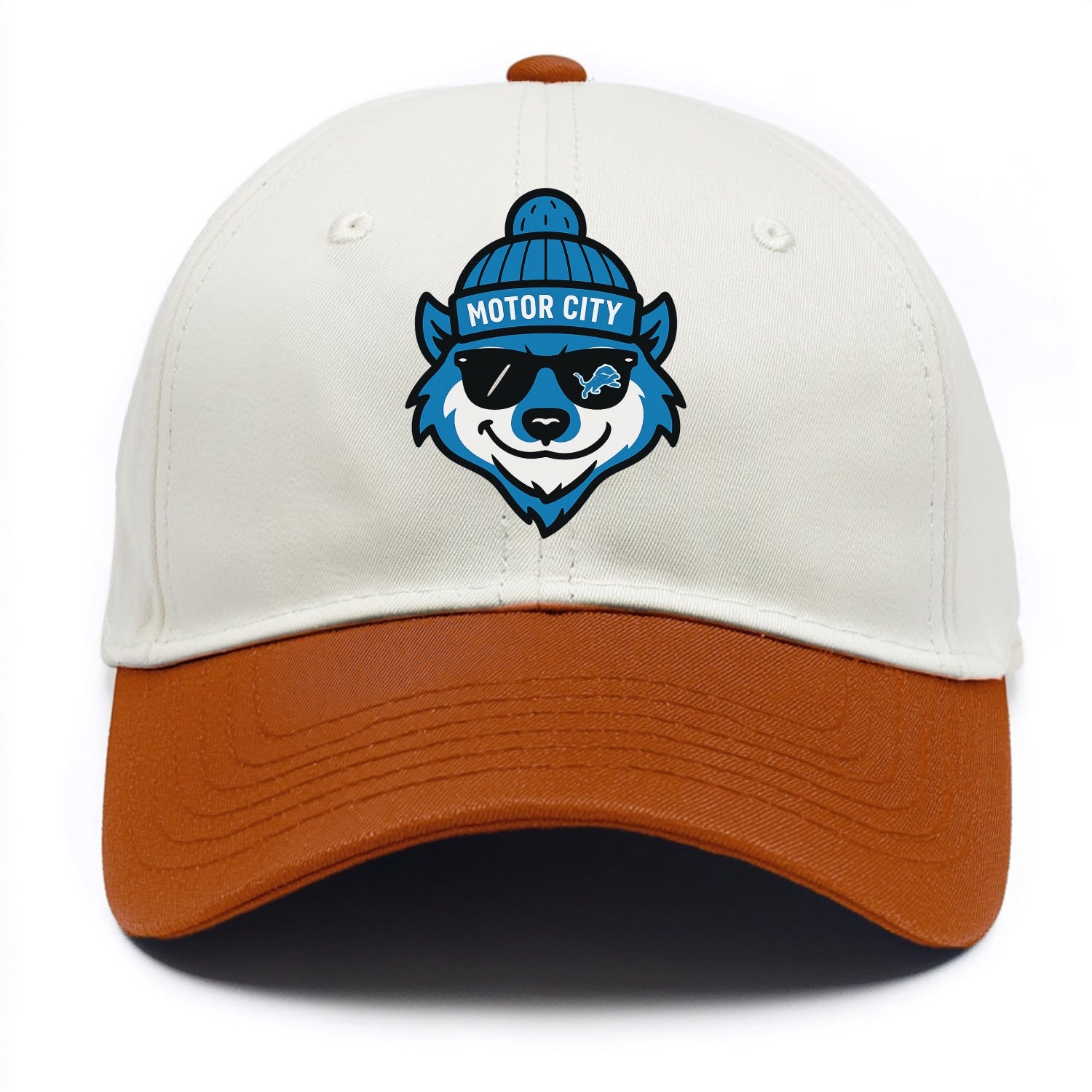 Motor City Wolverine wearing Lions beanie with gear patch and wayfarer sunglasses - Two Tone Cap - Orange