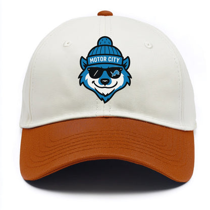 Motor City Wolverine wearing Lions beanie with gear patch and wayfarer sunglasses - Two Tone Cap - Orange