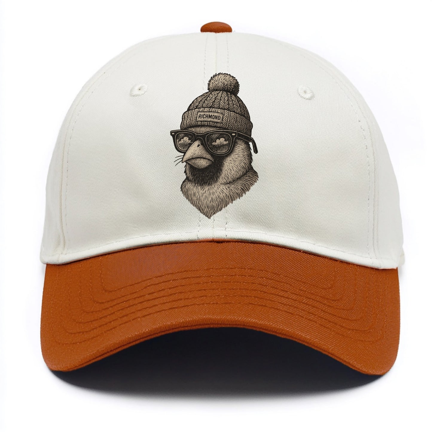 Virginia Cardinal wearing Richmond beanie with pom pom and wayfarer sunglasses - Two Tone Cap - Orange