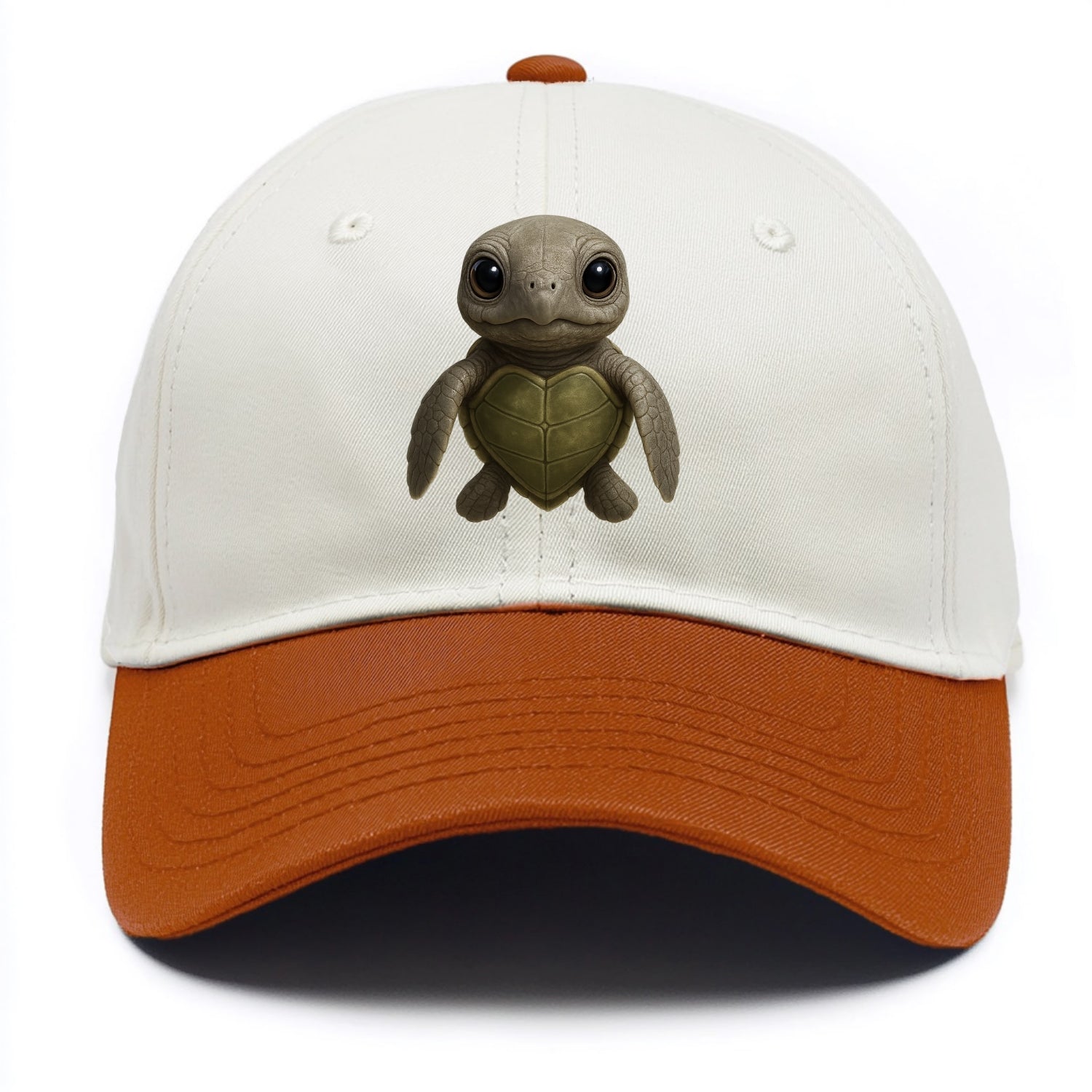 Baby Olive Ridley Turtle - olive green shell, heart-shaped carapace, bright eyes, - Two Tone Cap - Orange