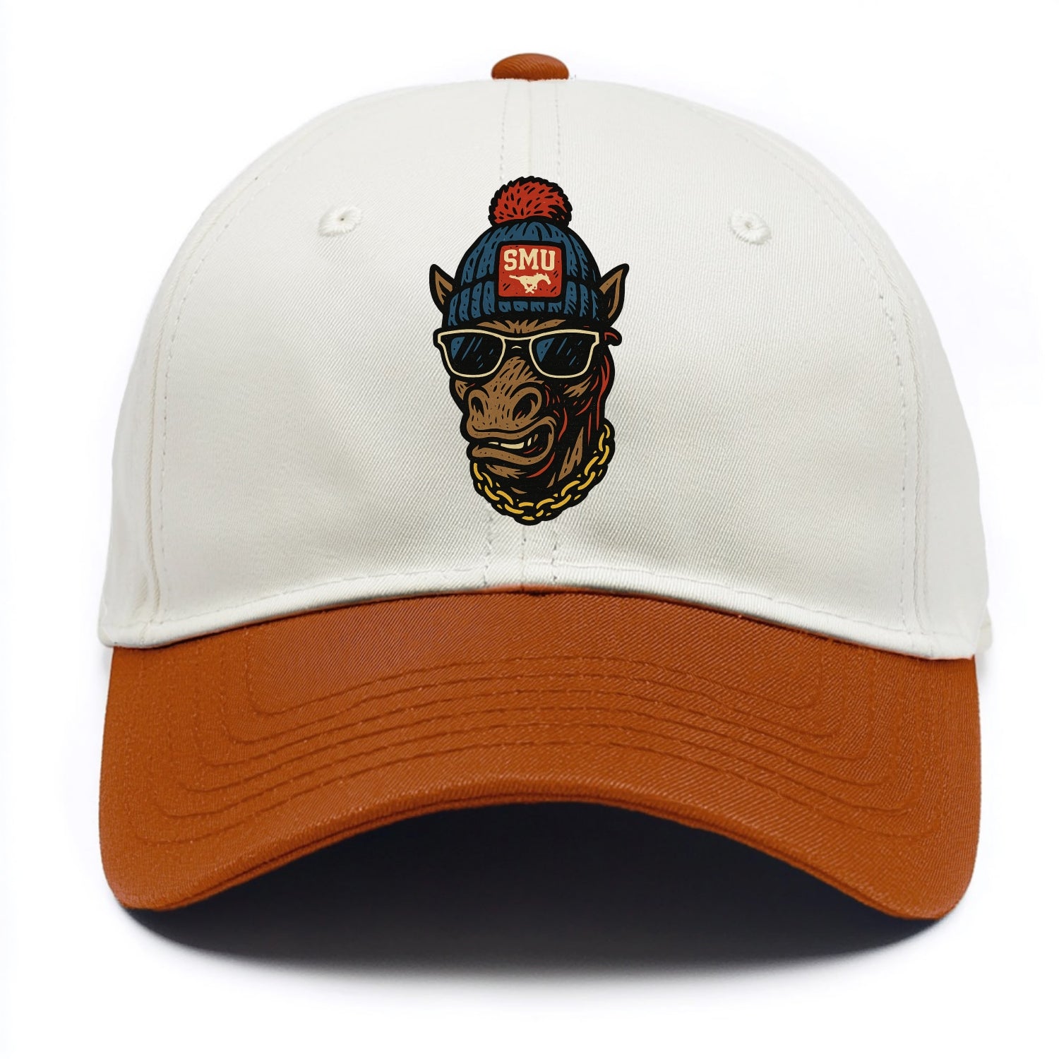 Dallas Mustang wearing SMU beanie with pony patch - Two Tone Cap - Orange