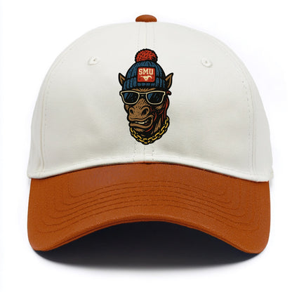 Dallas Mustang wearing SMU beanie with pony patch - Two Tone Cap - Orange