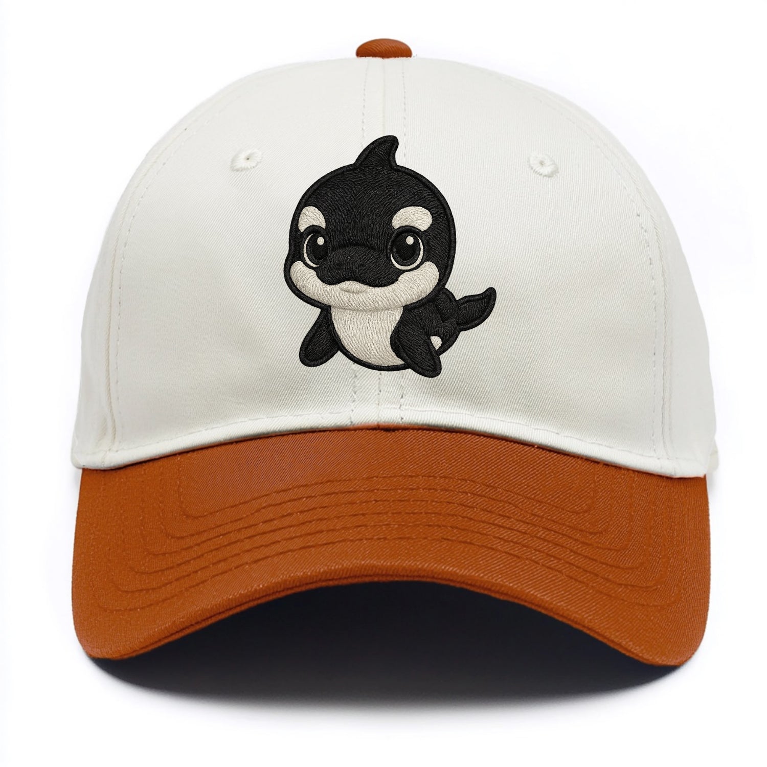 Baby Orca - black and white pattern, white eye patch, front-facing, curious and - Two Tone Cap - Orange