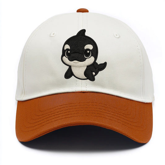 Baby Orca - black and white pattern, white eye patch, front-facing, curious and - Two Tone Cap - Orange