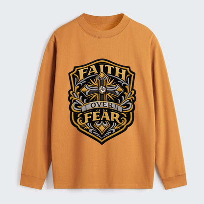 FAITH OVER FEAR - cross with text in gold , spiritual strength - Classic Long Sleeve Shirt - Orange