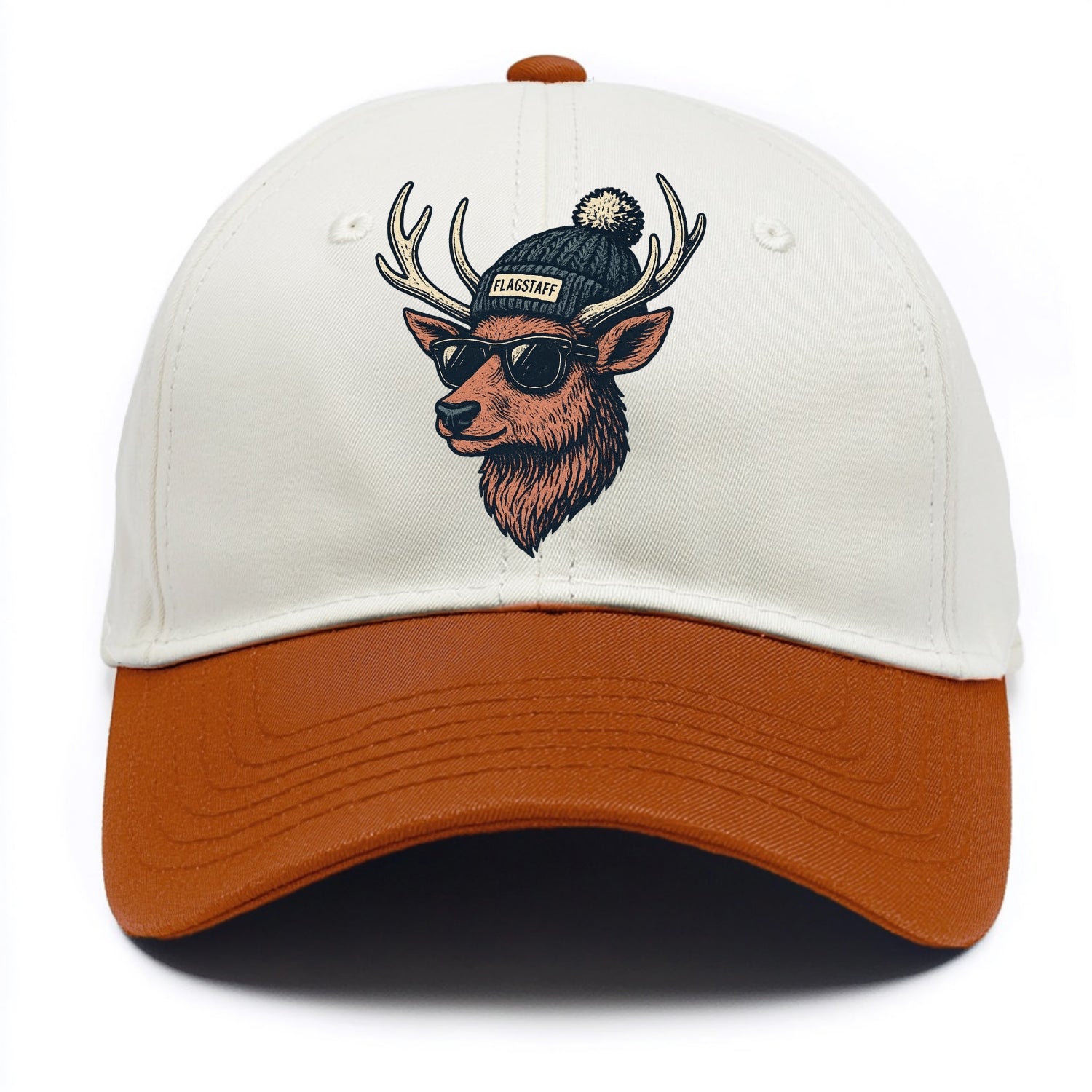 Flagstaff Elk wearing Flagstaff beanie with pom pom and wayfarer sunglasses - Two Tone Cap - Orange