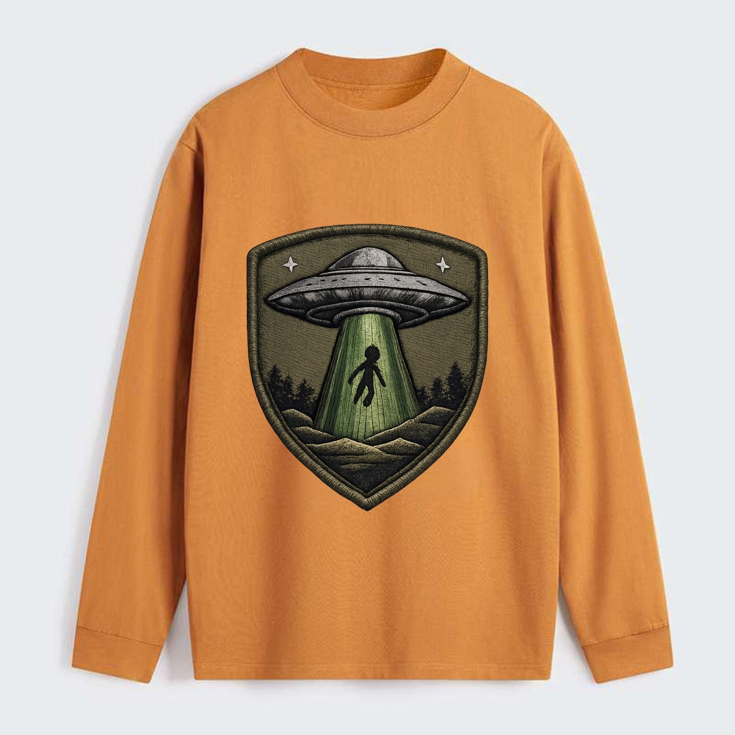 UFO ALIEN - flying saucer with beam in silver and green , - Classic Long Sleeve Shirt - Orange