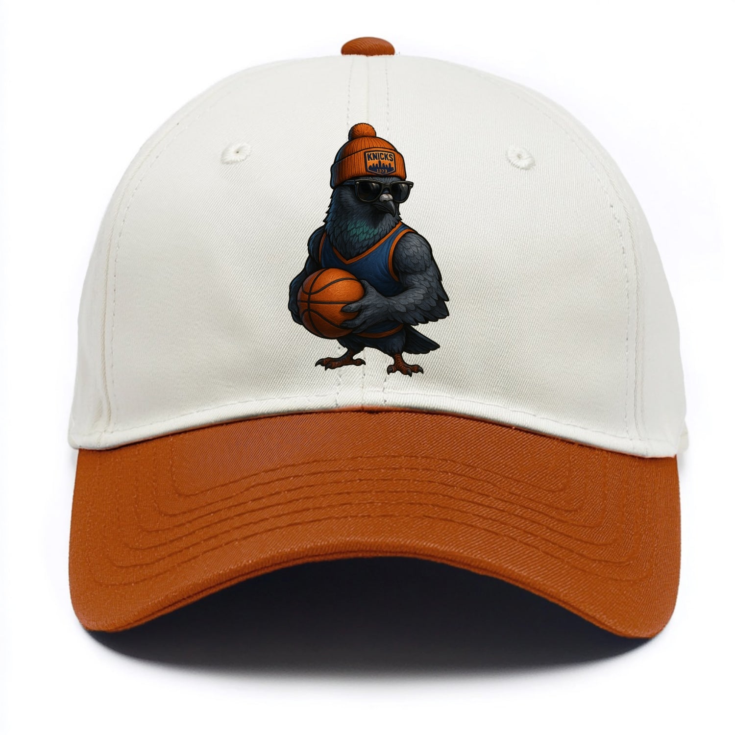 Manhattan Pigeon wearing Knicks beanie with skyline patch and wayfarer sunglasses - Two Tone Cap - Orange