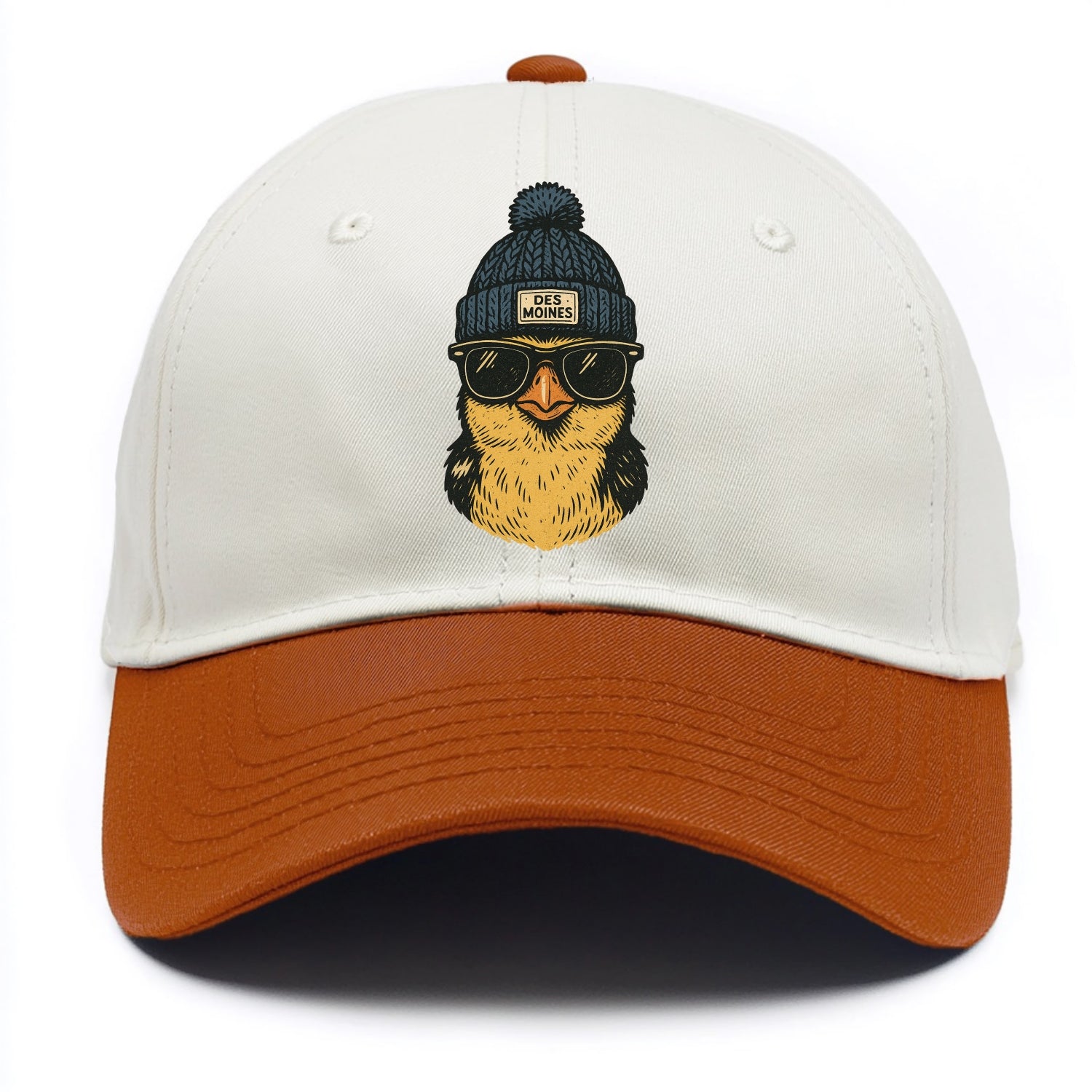 Iowa Goldfinch wearing Des Moines beanie with pom pom and wayfarer sunglasses - Two Tone Cap - Orange