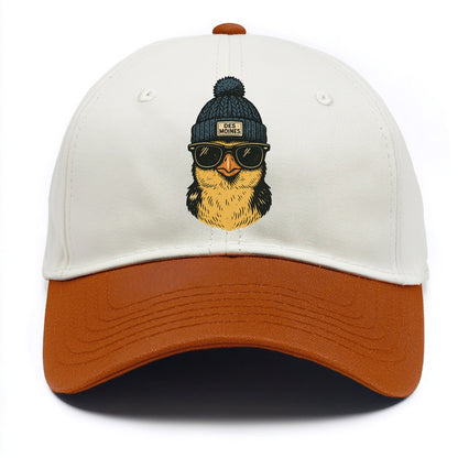 Iowa Goldfinch wearing Des Moines beanie with pom pom and wayfarer sunglasses - Two Tone Cap - Orange