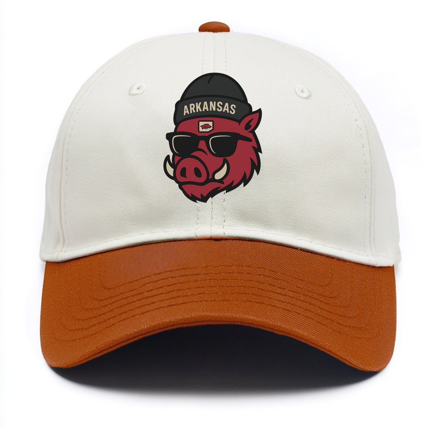Fayetteville Razorback wearing Arkansas beanie with hog patch - Two Tone Cap - Orange