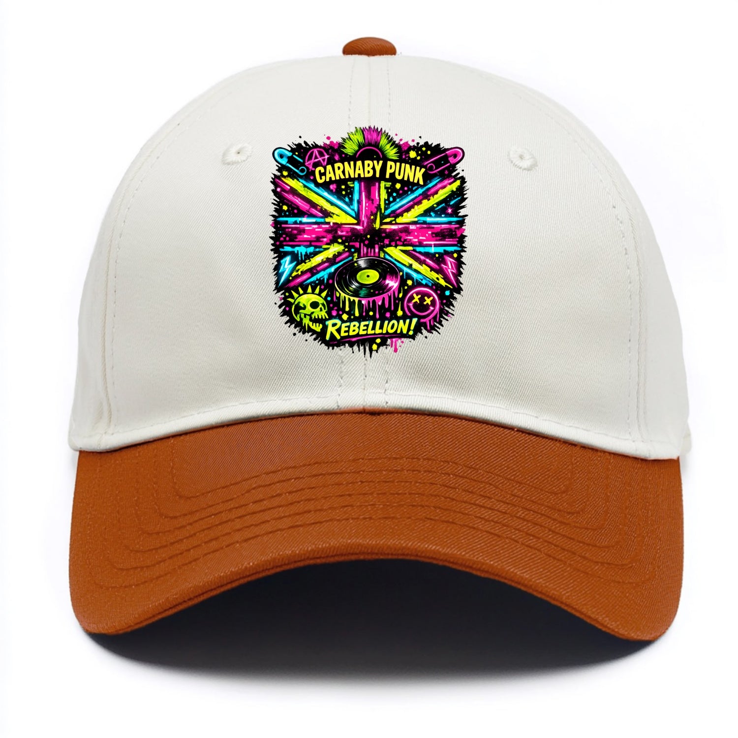 CARNABY PUNK | Swinging 60s meets 70s punk | Psychedelic Union Jack pattern | Bold - Two Tone Cap - Orange