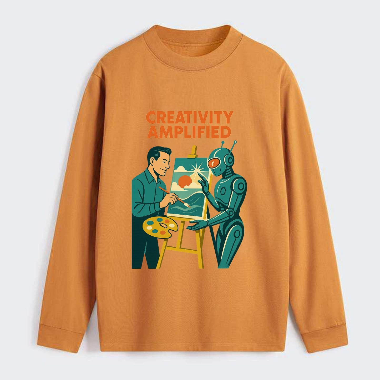 Artist and AI creating beautiful masterpiece together - "Creativity - Classic Long Sleeve Shirt - Orange