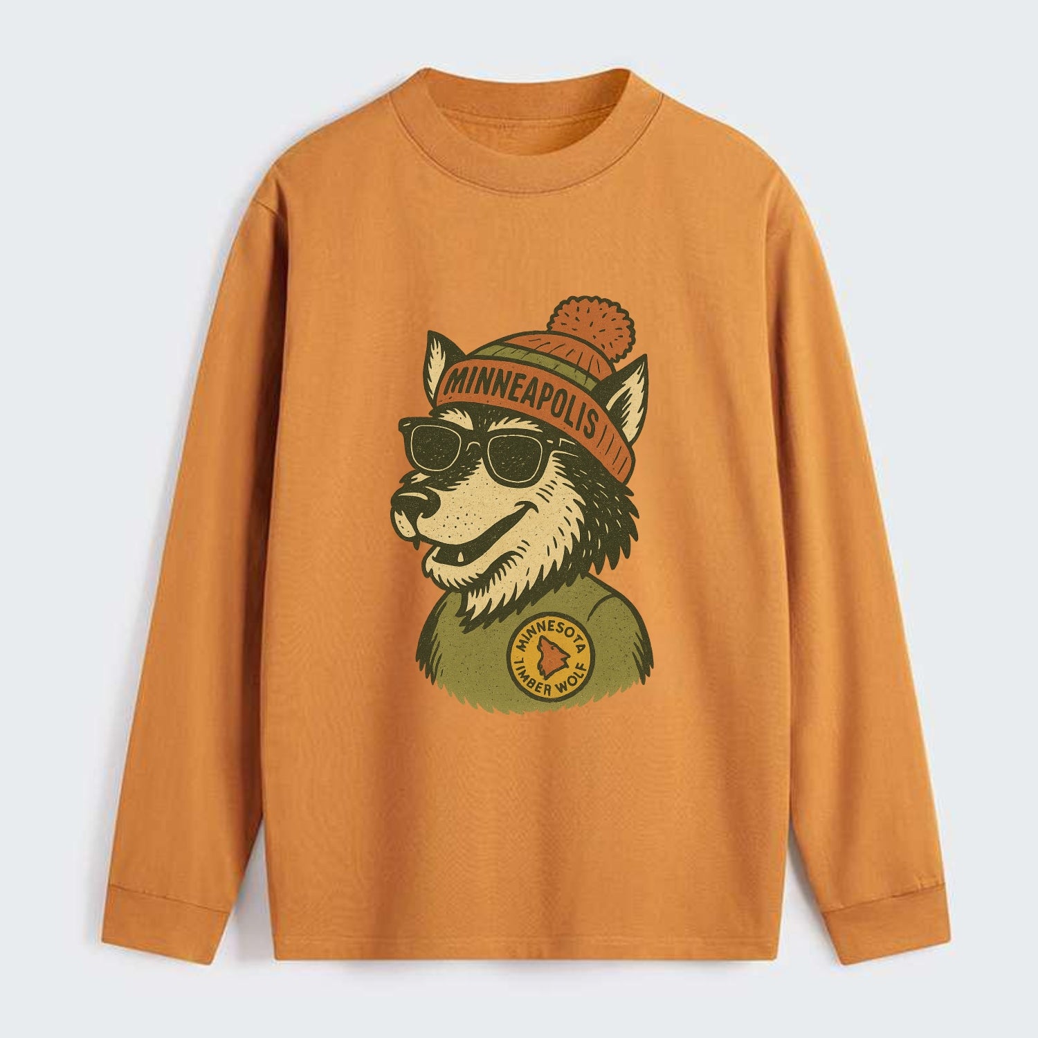Minnesota Timber Wolf wearing Minneapolis beanie with pom pom and - Classic Long Sleeve Shirt - Orange