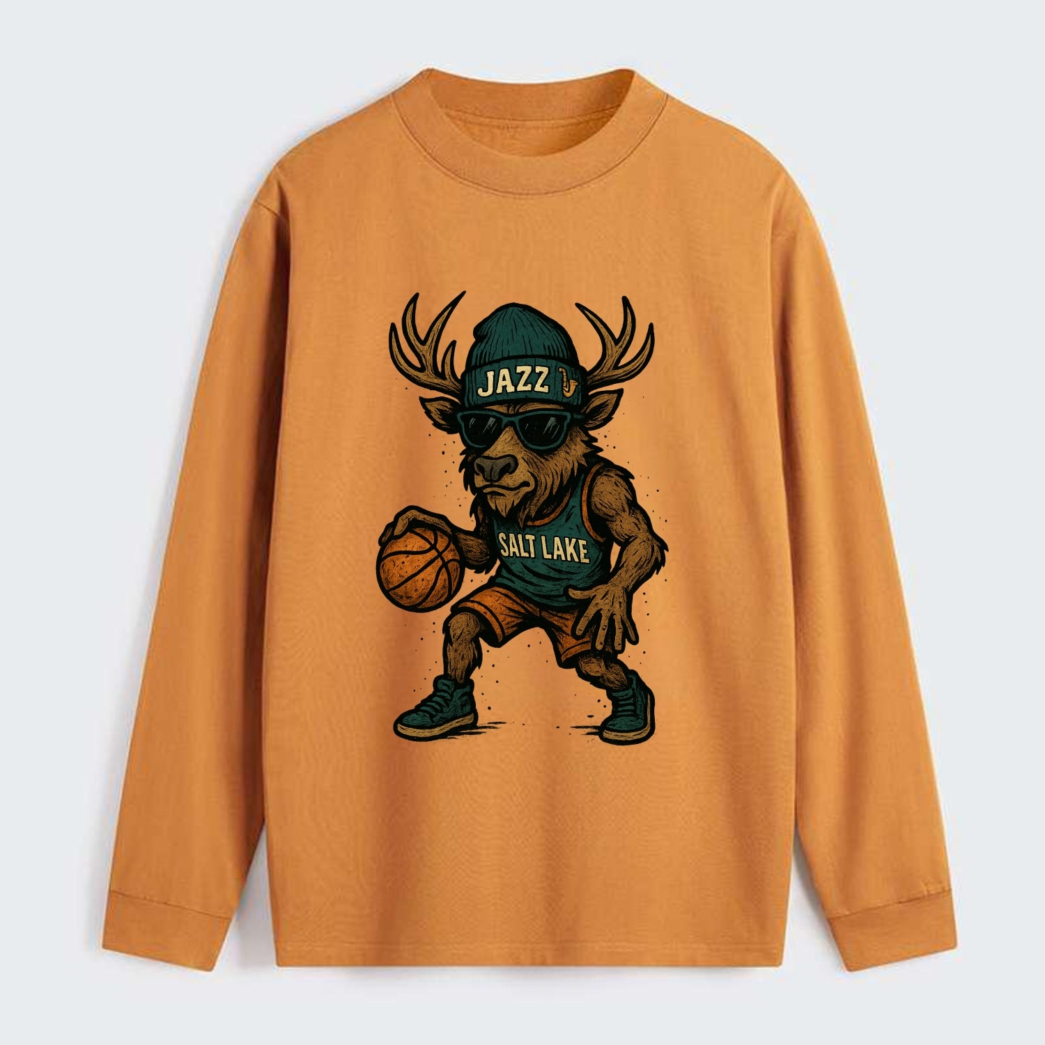 Salt Lake Elk wearing Jazz beanie with saxophone patch and wayfarer - Classic Long Sleeve Shirt - Orange