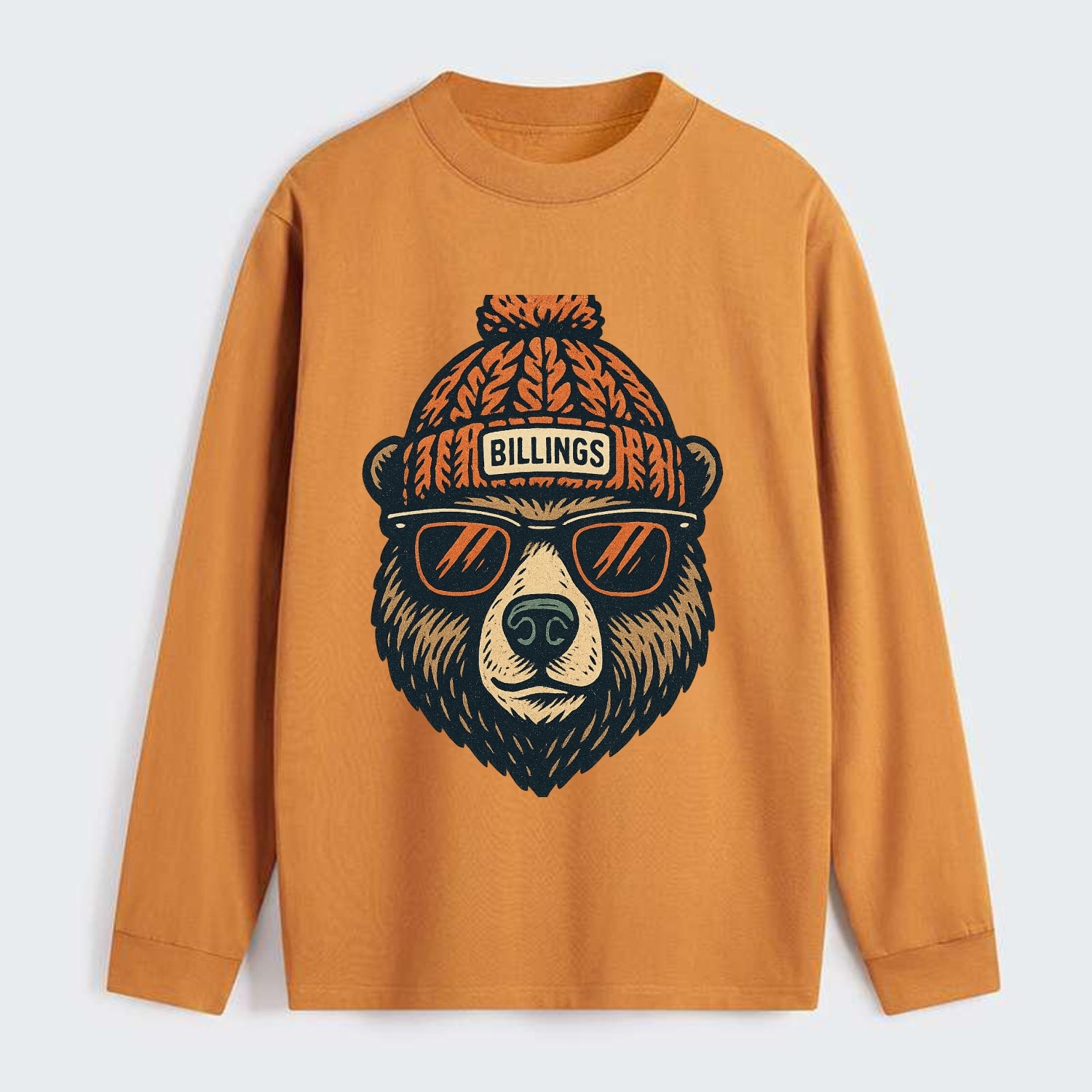 Montana Grizzly Bear wearing Billings beanie with pom pom and wayfarer - Classic Long Sleeve Shirt - Orange