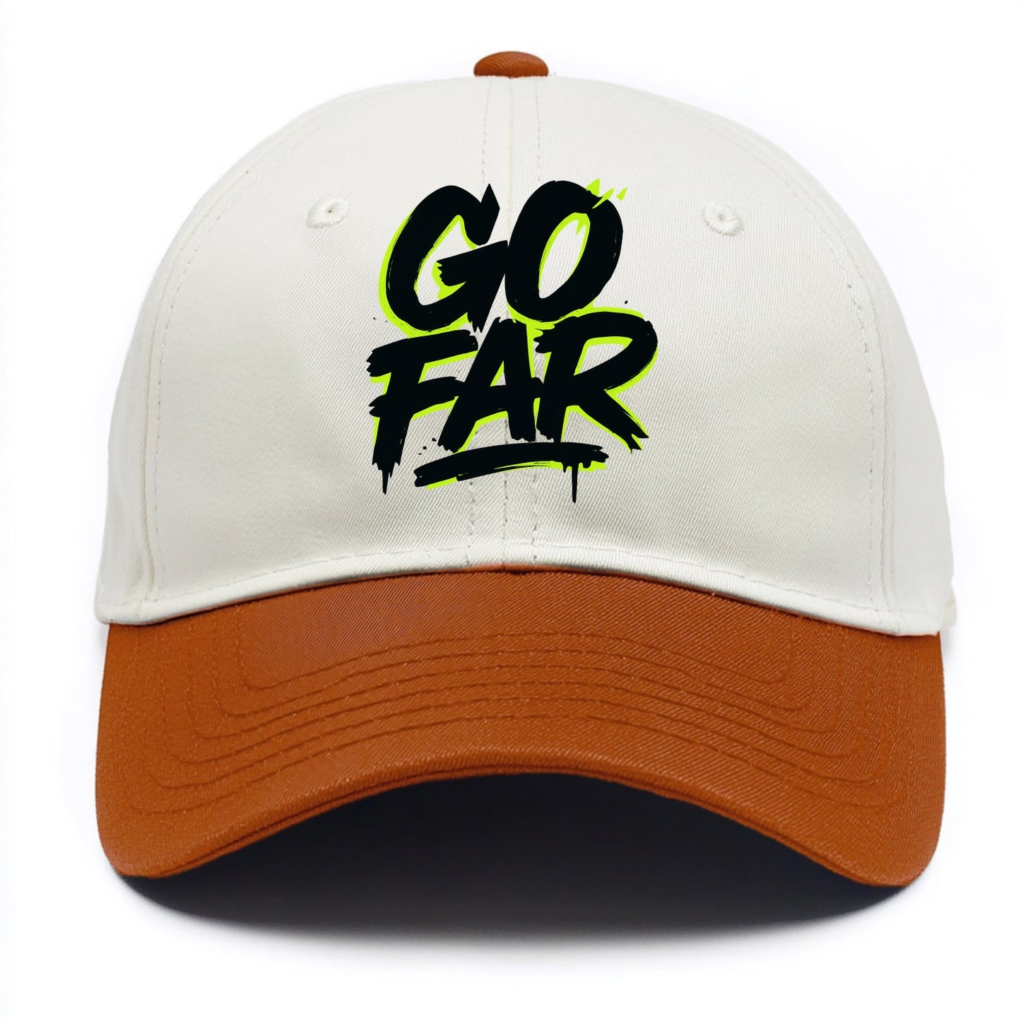 Bold typography design - "GO FAR" - distance goals, pushing limits - Two Tone Cap - Orange