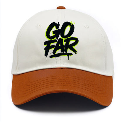 Bold typography design - "GO FAR" - distance goals, pushing limits - Two Tone Cap - Orange