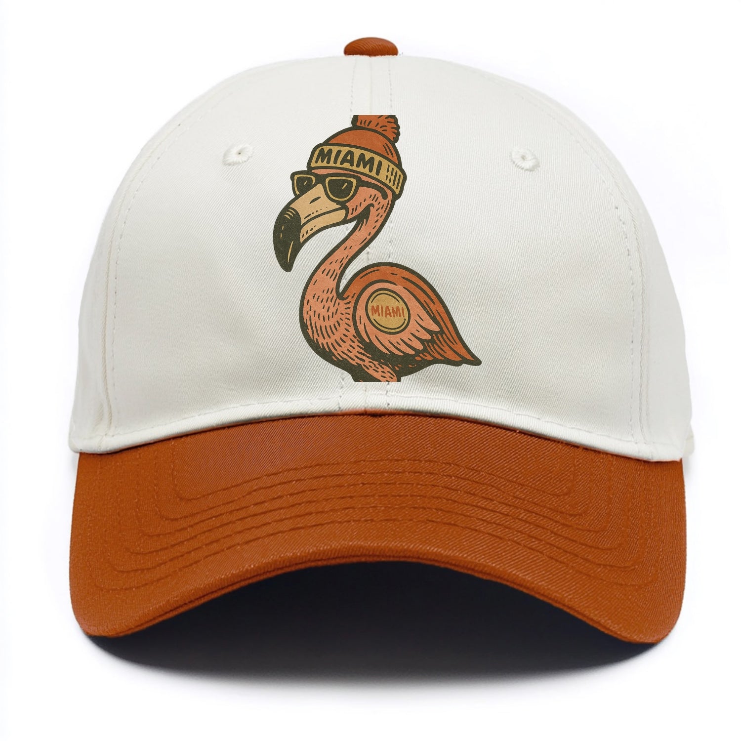 Miami Flamingo wearing Miami beanie with pom pom and wayfarer sunglasses - Two Tone Cap - Orange
