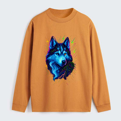 Siberian husky with ice-crystal flowing patterns, electric blue and - Classic Long Sleeve Shirt - Orange