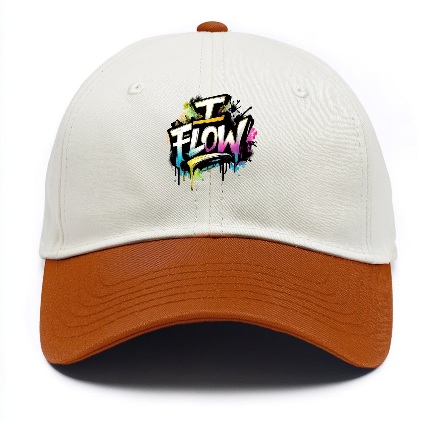 Bold typography design - "I FLOW" - going with life, easy movement - Two Tone Cap - Orange