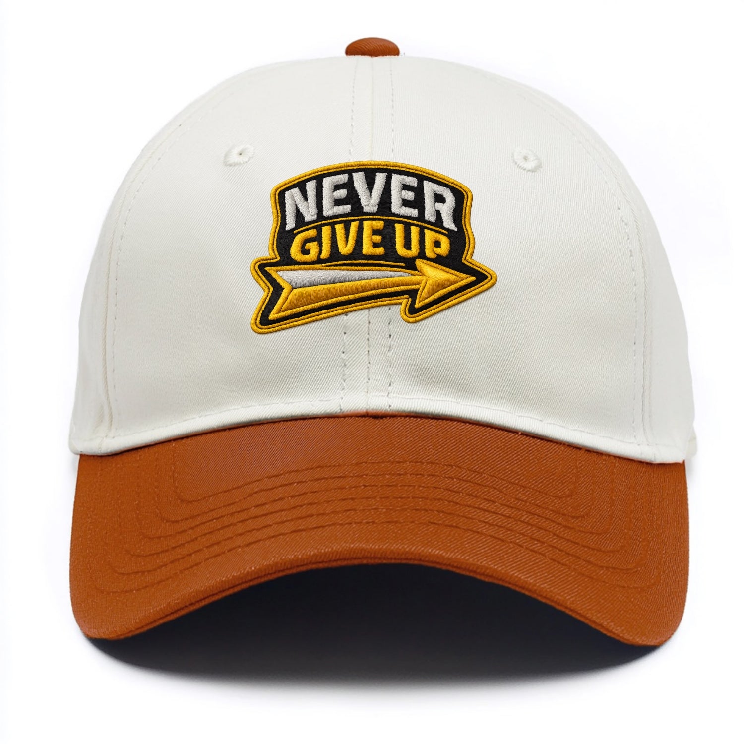 NEVER GIVE UP - bold text with arrow in gold , determination - Two Tone Cap - Orange
