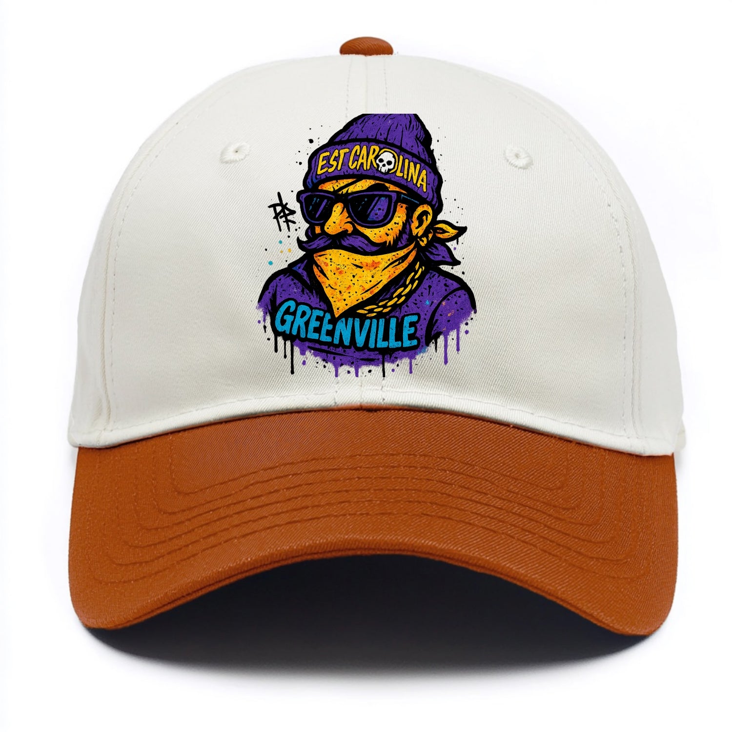 Greenville Pirate wearing East Carolina beanie with skull patch - Two Tone Cap - Orange