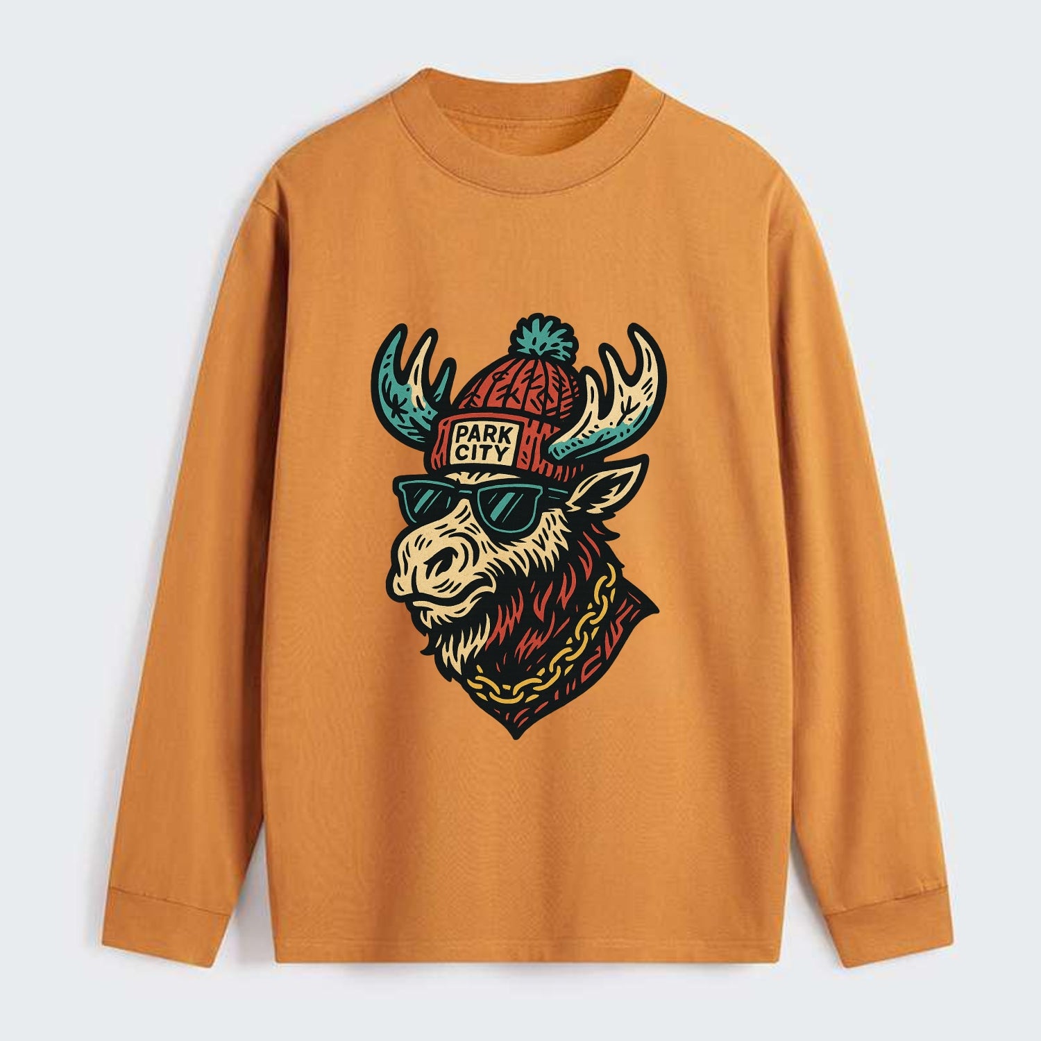 Park City Moose wearing Park City beanie with pom pom and wayfarer - Classic Long Sleeve Shirt - Orange