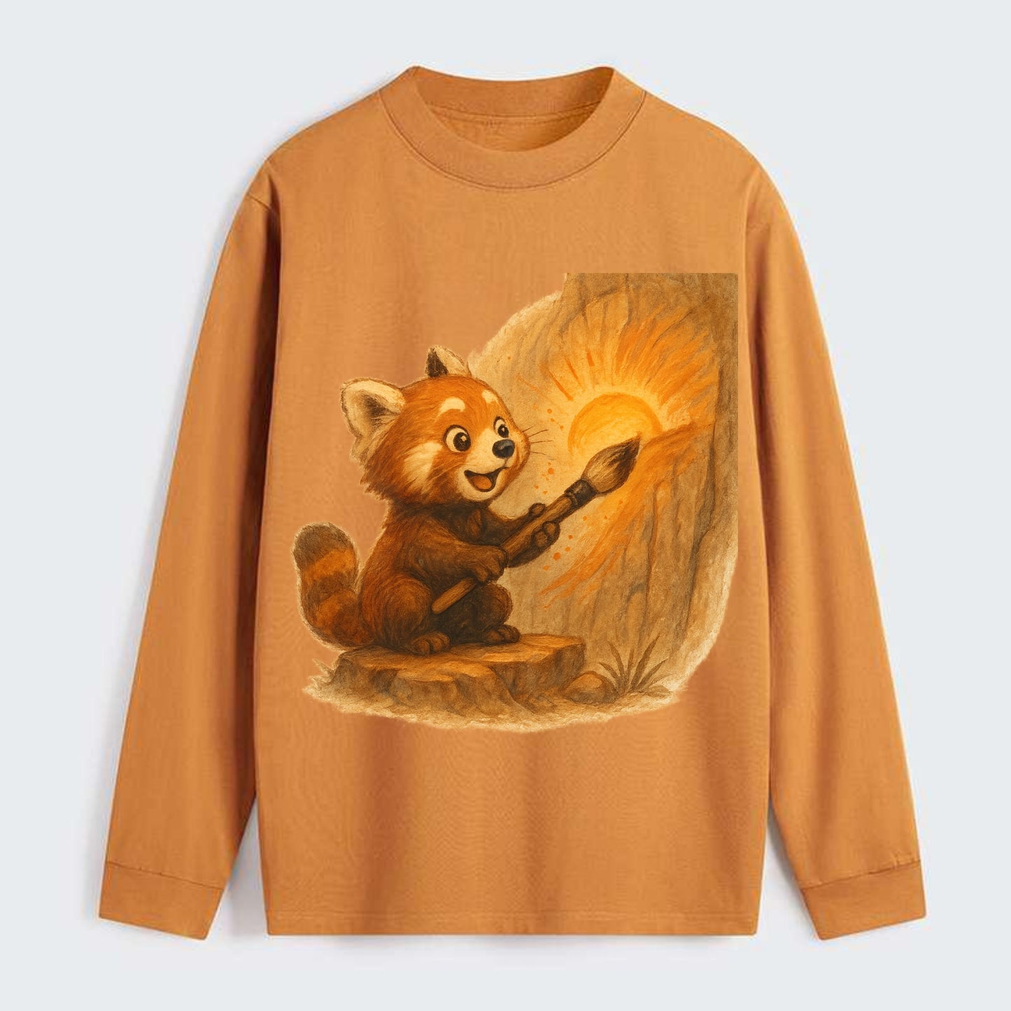 Red panda painting a sunrise mural with an oversized calligraphy brush - Classic Long Sleeve Shirt - Orange