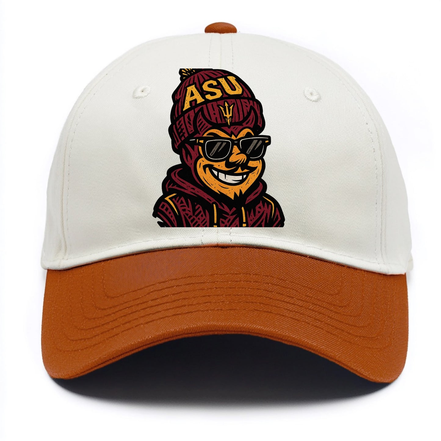 Tempe Sparky wearing Arizona State beanie with fork patch - Two Tone Cap - Orange