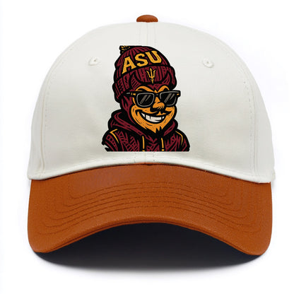 Tempe Sparky wearing Arizona State beanie with fork patch - Two Tone Cap - Orange