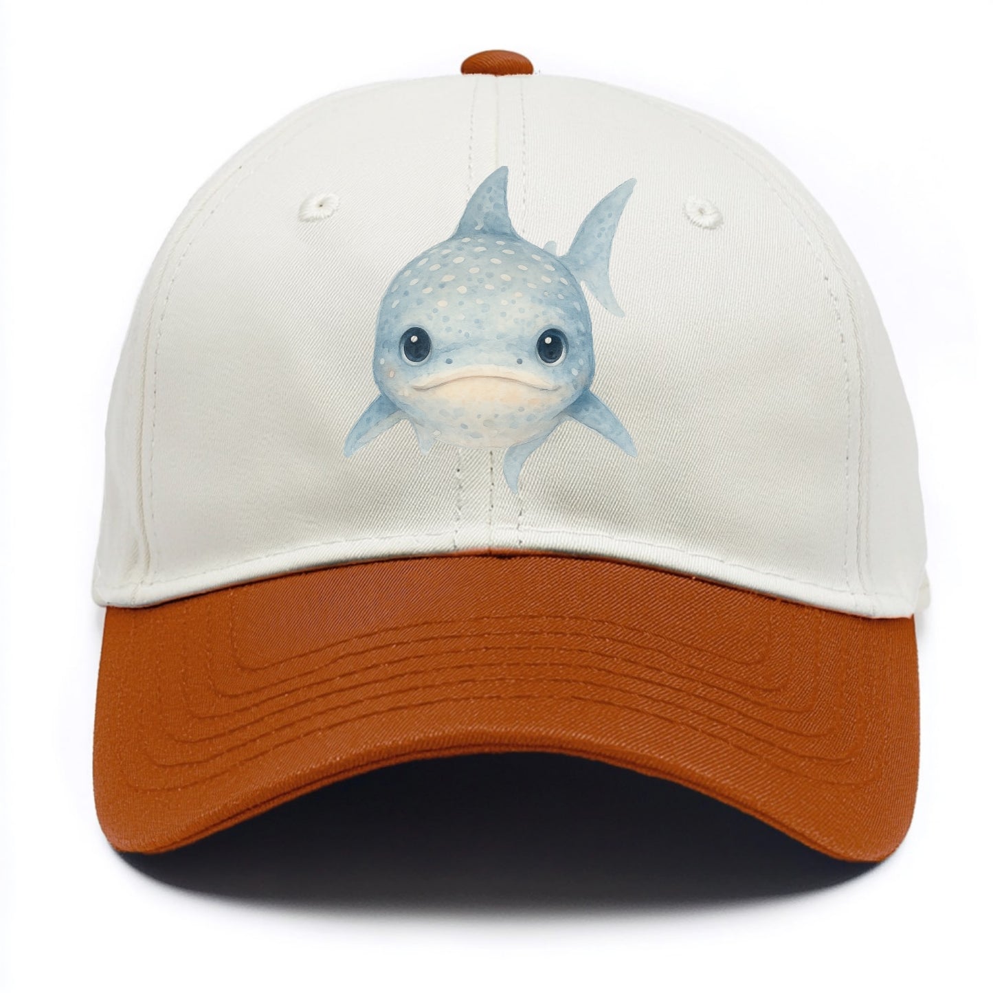 Baby Whale Shark - spotted blue-gray, wide mouth closed, tiny eyes, front-facing, - Two Tone Cap - Orange