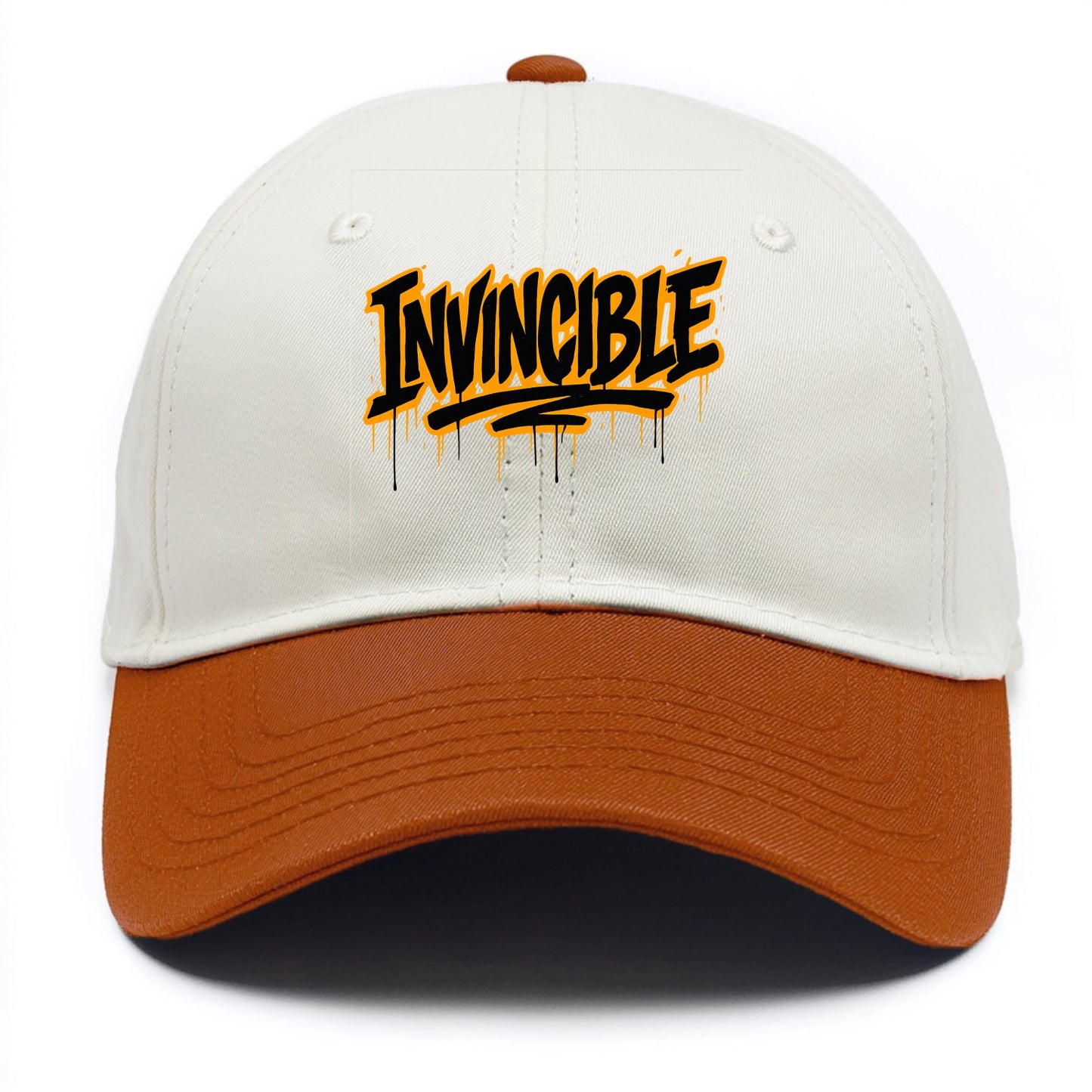 Bold typography design - "INVINCIBLE" - cannot be defeated, unconquerable - Two Tone Cap - Orange