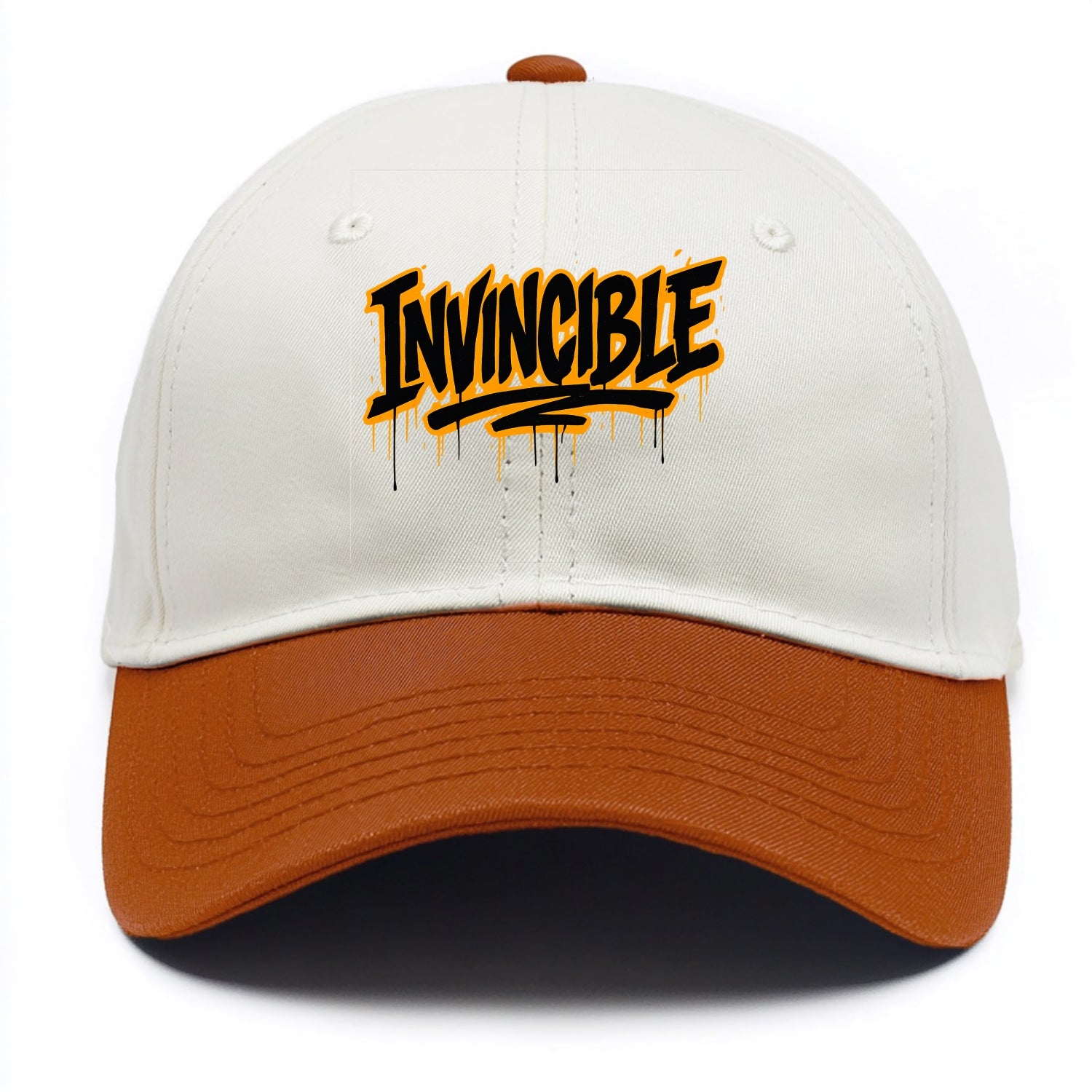 Bold typography design - "INVINCIBLE" - cannot be defeated, unconquerable - Two Tone Cap - Orange